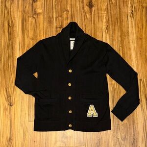 School House women’s large cardigan sweater  Black Knit appliqué gold buttons